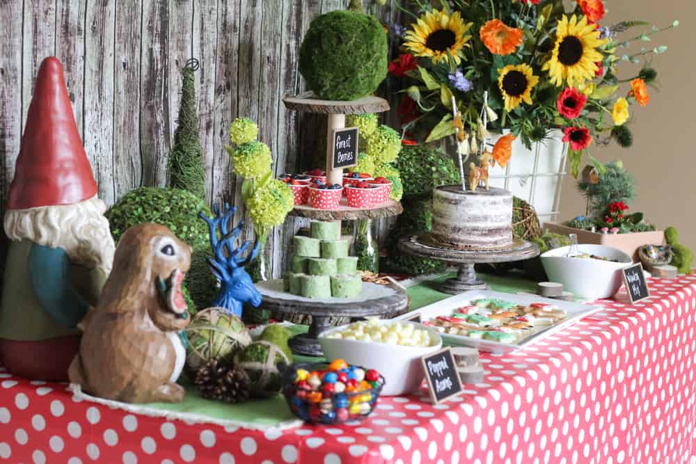 Woodland baby shower and birthday party ideas - wood cakes and dessert table