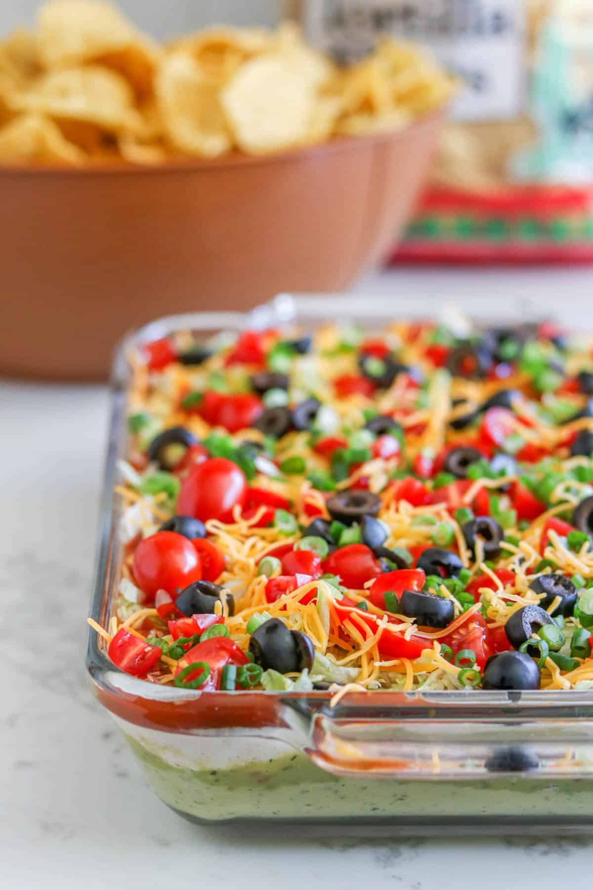 Layered Taco Dip with White Beans- taco dip for a crowd