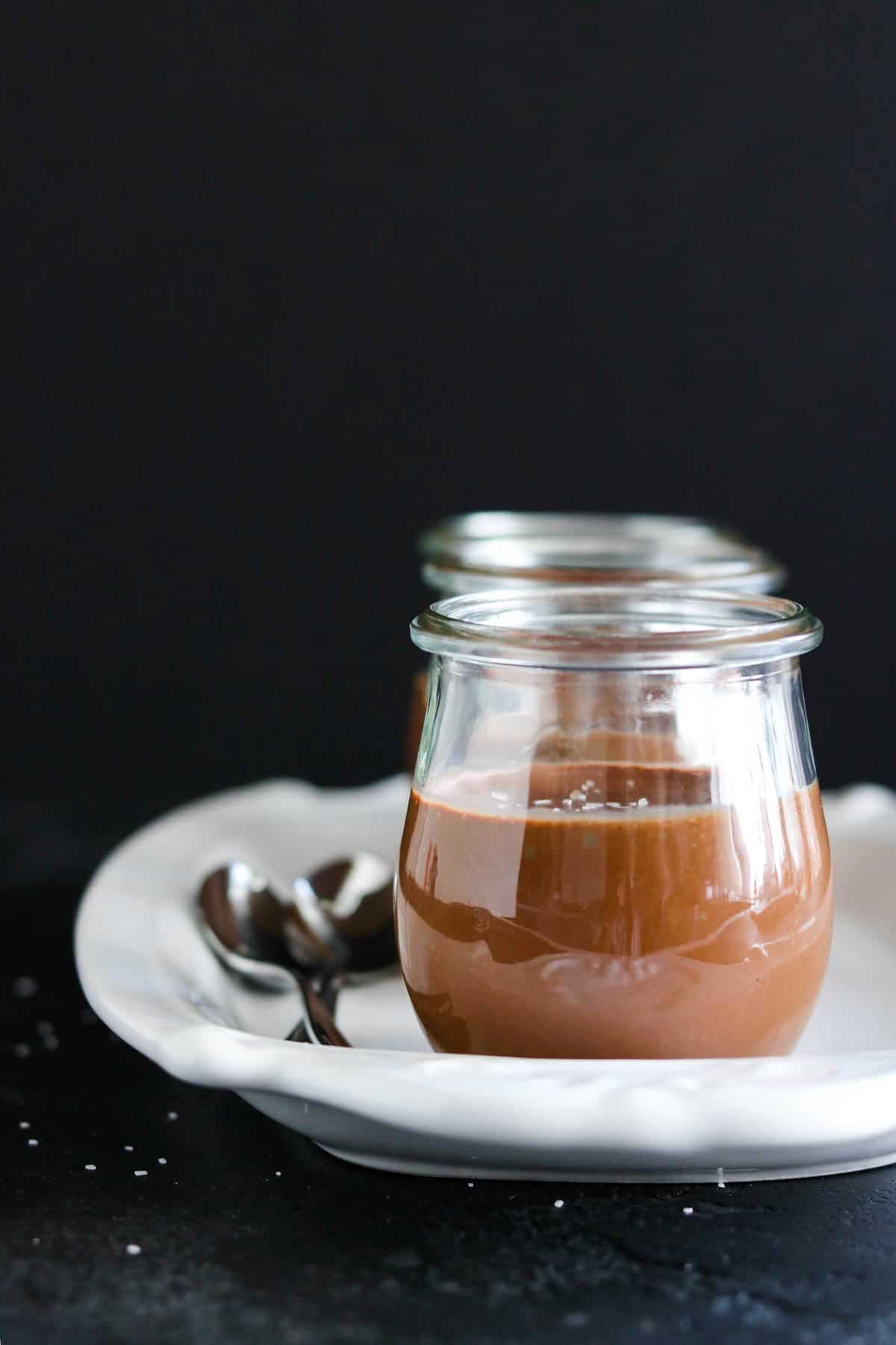 Dark chocolate pot de crème with salt sprinkles