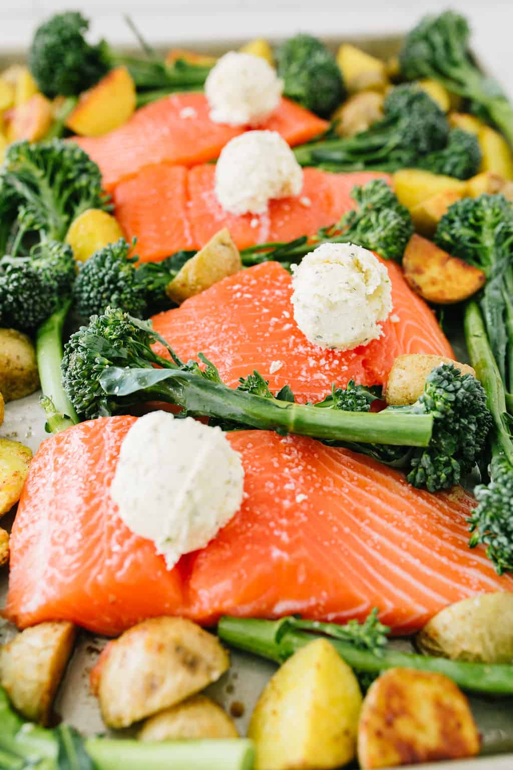 sheet pan salmon dinner butter on top