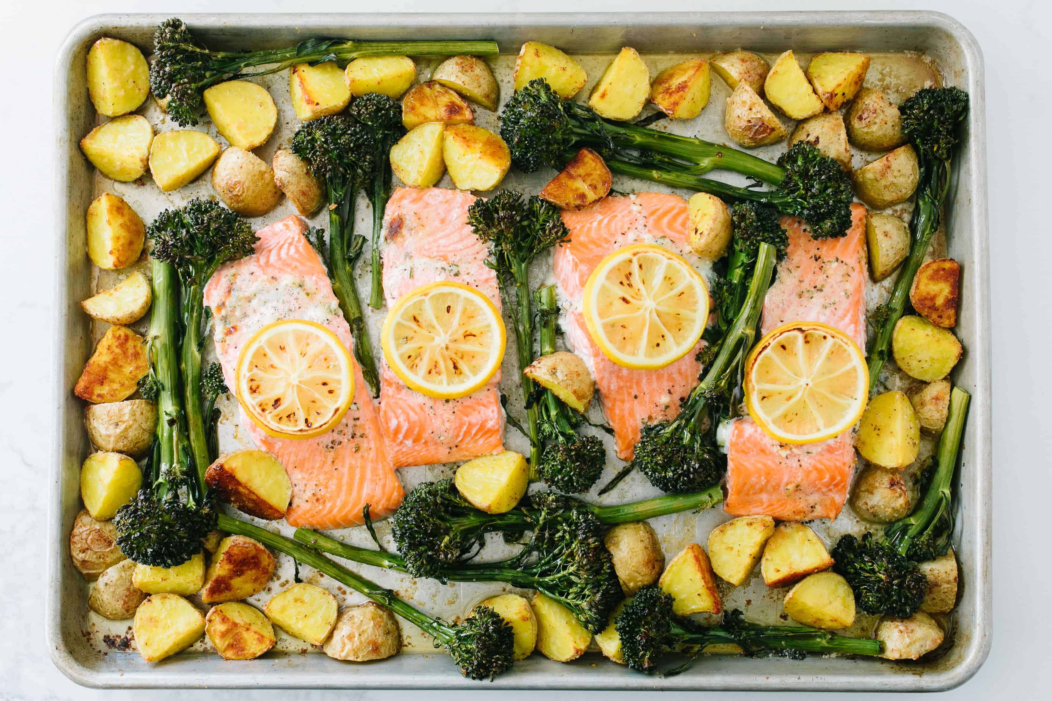 sheet pan salmon dinner on sheet pan