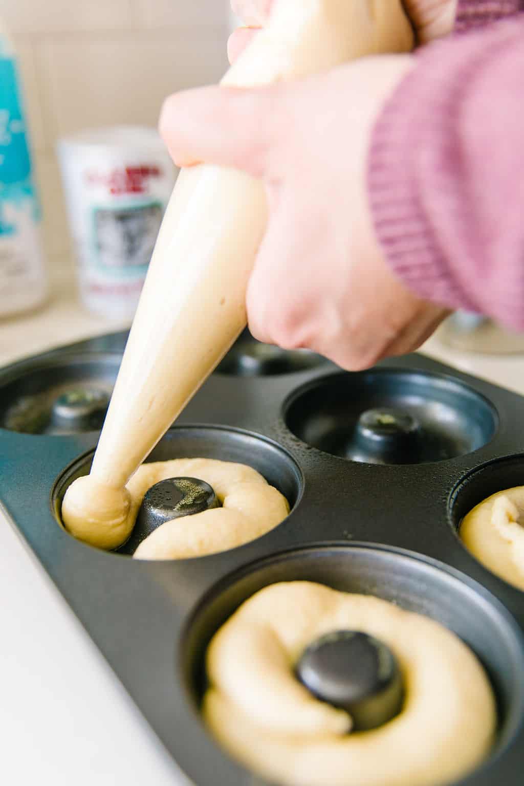 Baked Vegan Cake Donuts piped batter