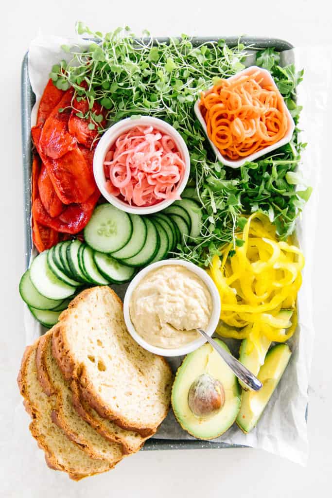 Rainbow Veggie Sandwich Gluten Free platter of ingredients on a sheet pan 
