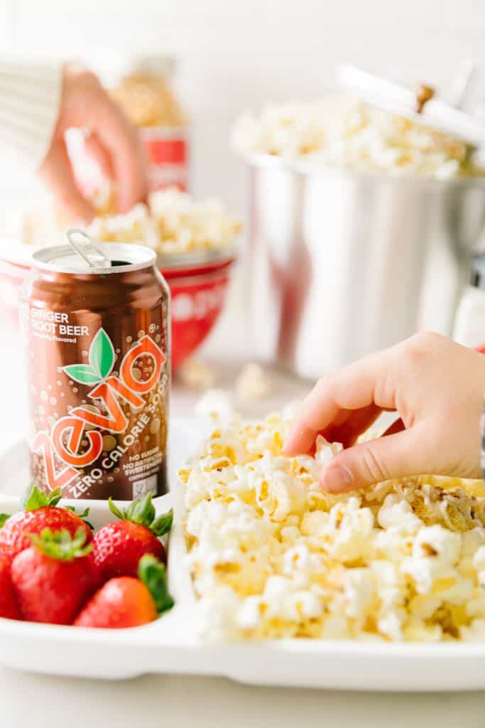 Family night without all the sugar- popcorn and zevia soda on a tray