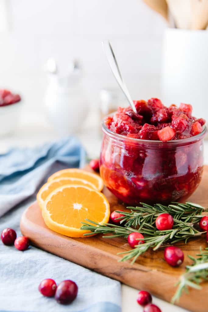 Cranberry chutney on a wooden tray