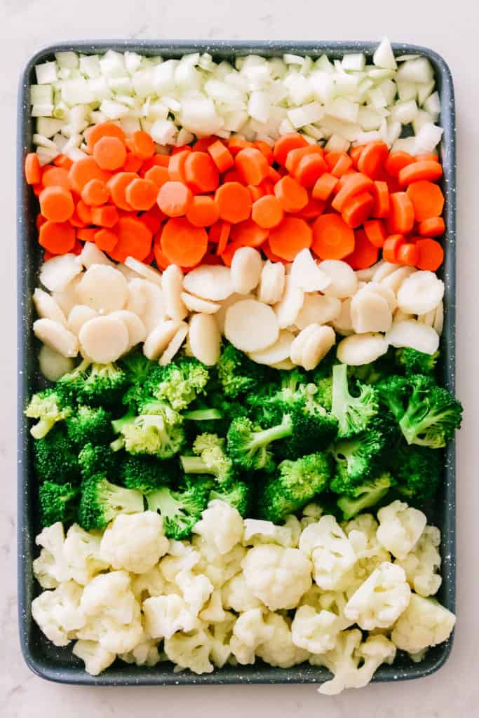 Vegetables in a cloud ingredients on a sheet pan